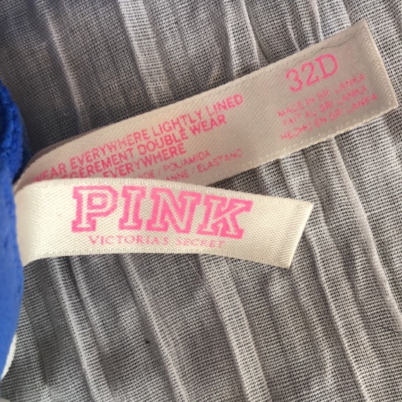 VICTORIAS SECRET PINK womans SZ 32D padded underwire bra blue white pink logo - Picture 7 of 13